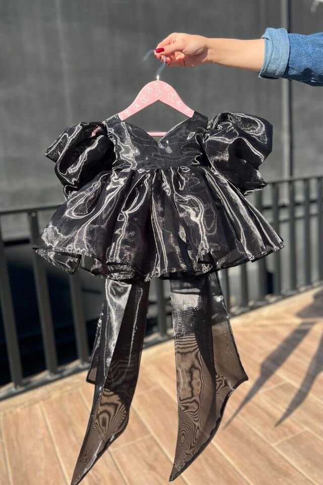 Heart Neck Shiny Girl Baby Evening Dress Black Organza Dress Black - 4 years old