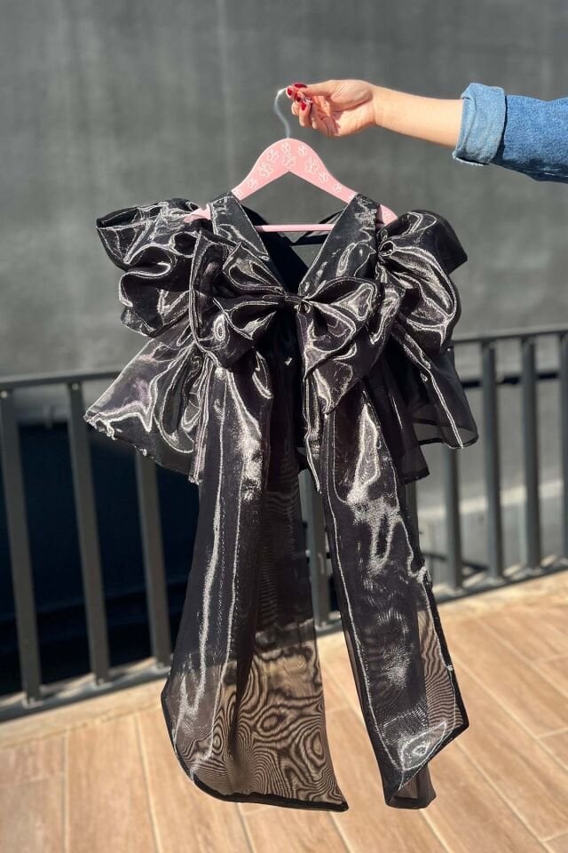 Heart Neck Shiny Girl Baby Evening Black Organza Dress
