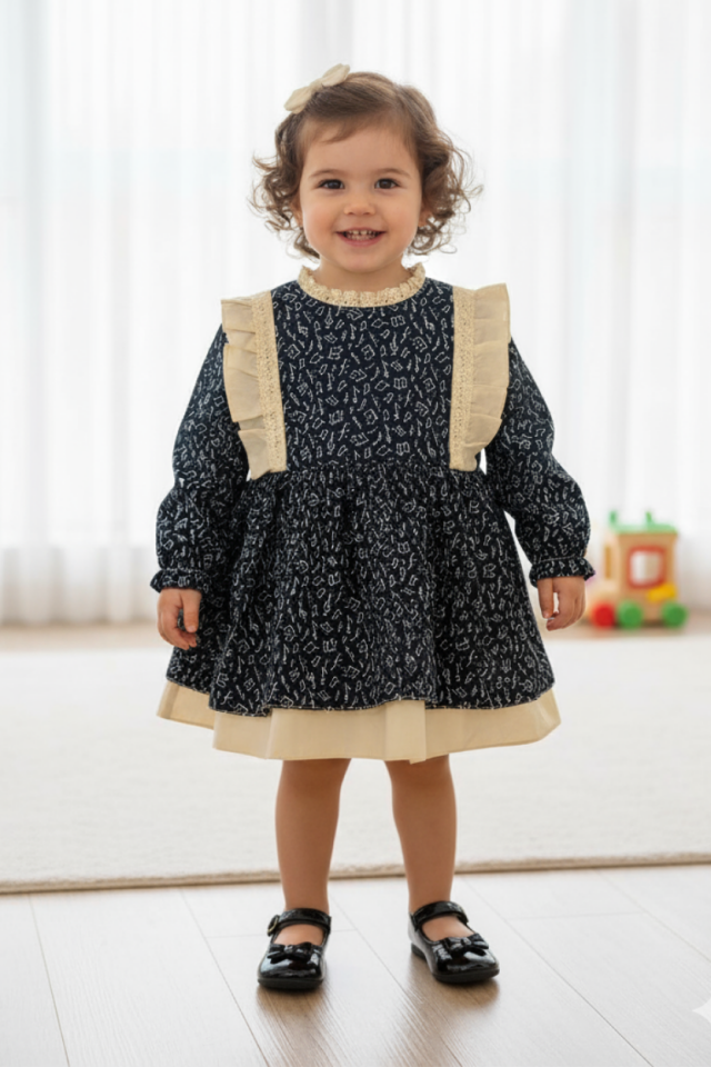 Nota Desenli Ve Fırfır Detaylı Kız Çocuk Bebek Pamuklu Elbise