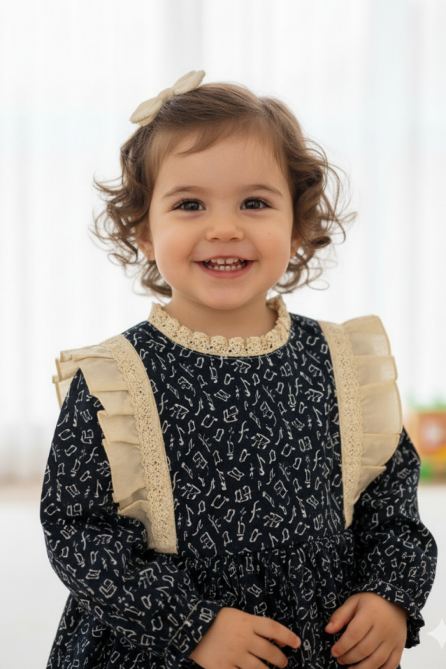 Nota Desenli Ve Fırfır Detaylı Kız Çocuk Bebek Pamuklu Elbise