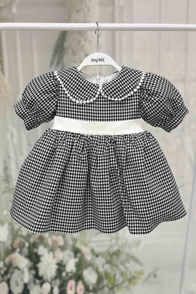 Baby Girl Baby Houndstooth Black and White Dress with Laced Collar