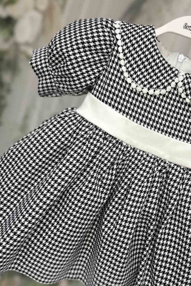 Baby Girl Baby Houndstooth Black and White Dress with Laced Collar