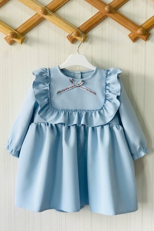 Ruffle and Ribbon Detailed Design Baby Blue Girl Baby Dress