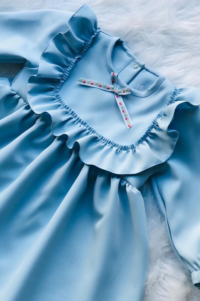 Ruffle and Ribbon Detailed Design Baby Blue Girl Baby Dress