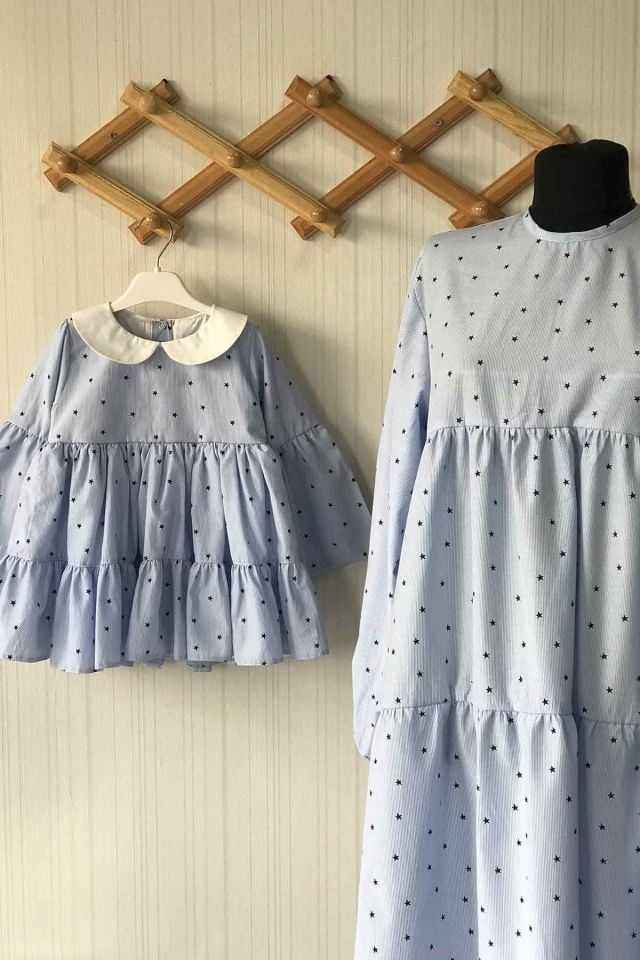 Striped and Star Patterned Mother Daughter Baby Blue Cotton Dress (Price is per piece)