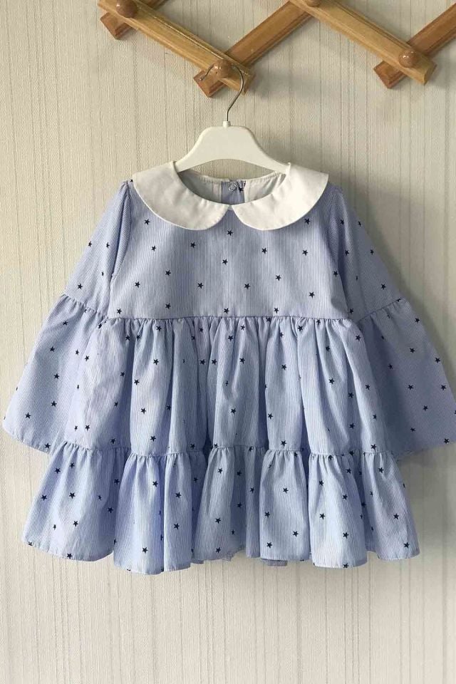 Striped and Star Patterned Mother Daughter Baby Blue Cotton Dress (Price is per piece)