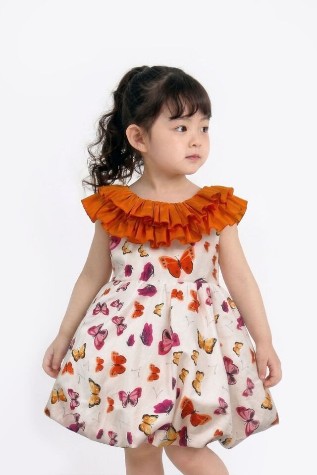 Balon Etek Sıfır Kollu Kelebekli Turuncu Günlük Şık Elbise