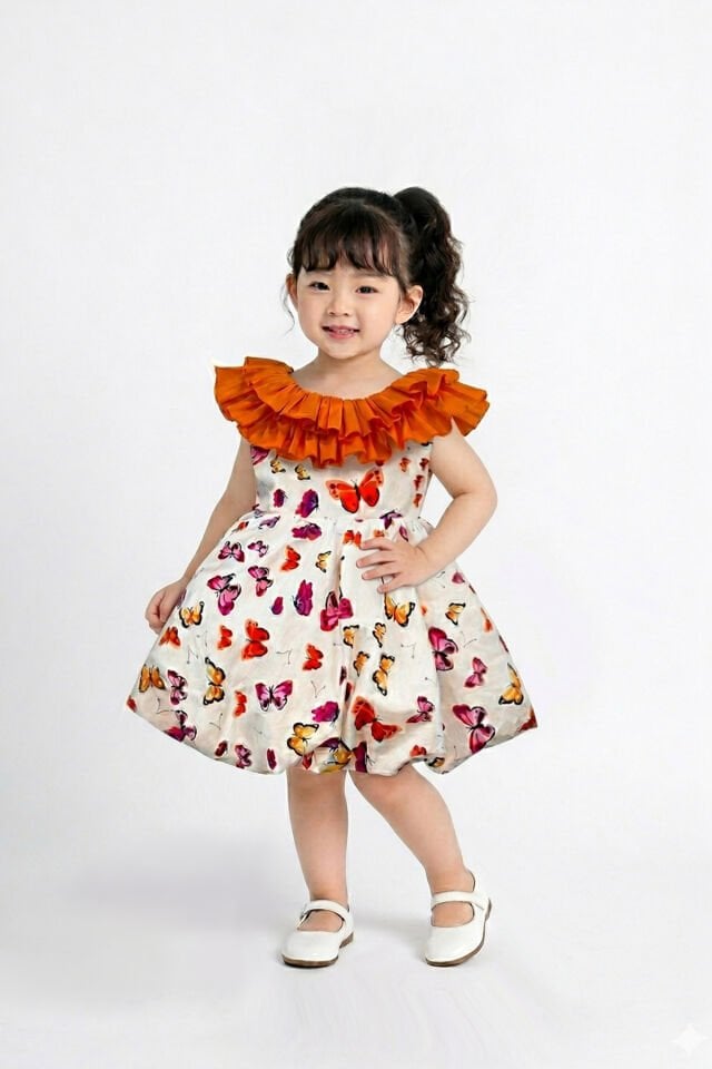 Balon Etek Sıfır Kollu Kelebekli Turuncu Günlük Şık Elbise