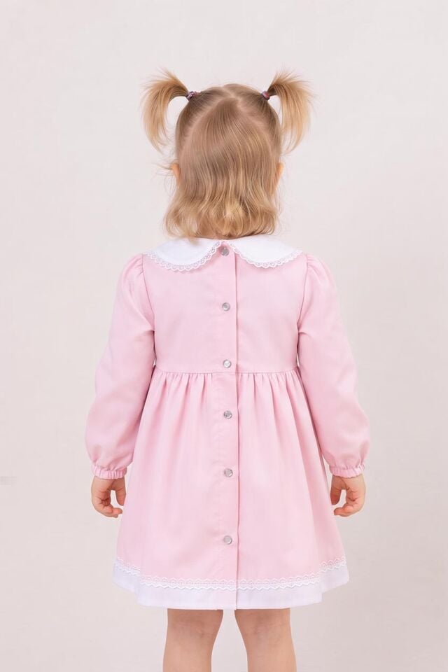 Dantel Detaylı Bebe Yaka Açık Pembe Uzun Kollu Kız Çocuk Bebek Tasarım Elbise