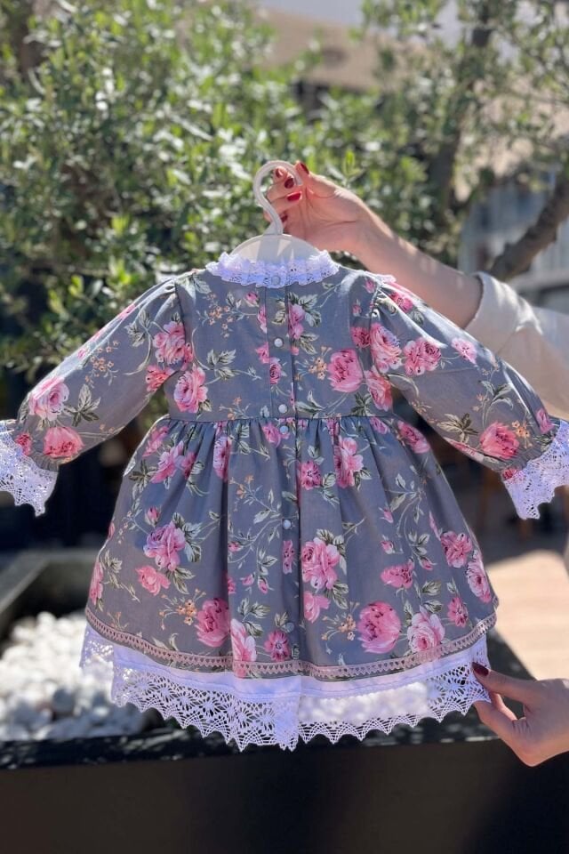 Çiçek Desenli Dantelli Nervürlü Kız Çocuk Bebek Gri Pembe Elbise