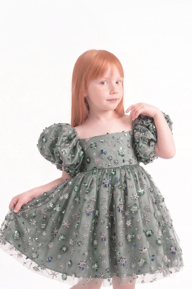 Balon Kol Yeşil Boncuk İşlemeli Kız Çocuk Bebek Abiye Elbise