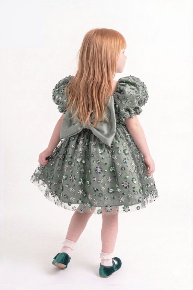 Balon Kol Yeşil Boncuk İşlemeli Kız Çocuk Bebek Abiye Elbise