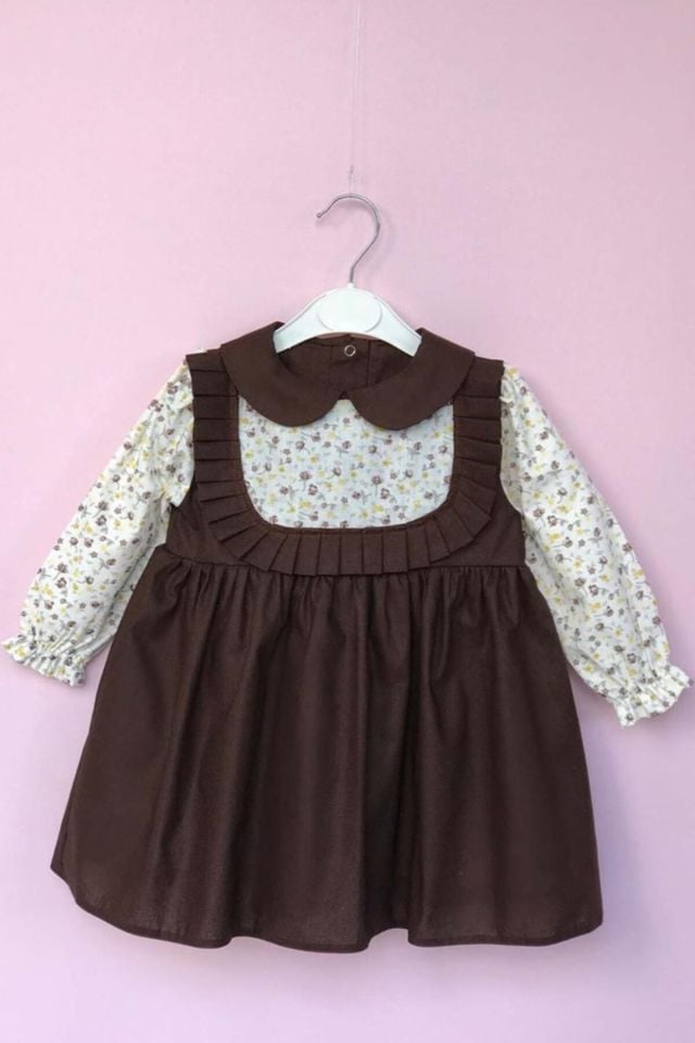 Baby Collar Pleated Floral Coffee Girl Baby Dress Brown - 0-3 Months