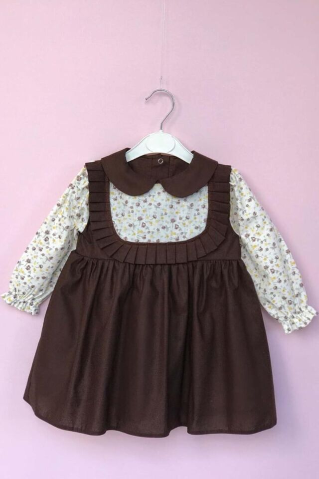 Bebe Yaka Pileli Çiçekli Kahve Kız Çocuk Bebek Elbise
