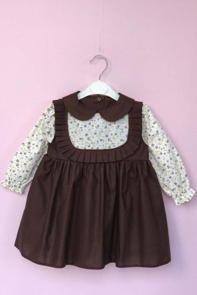 Bebe Yaka Pileli Çiçekli Kahve Kız Çocuk Bebek Elbise