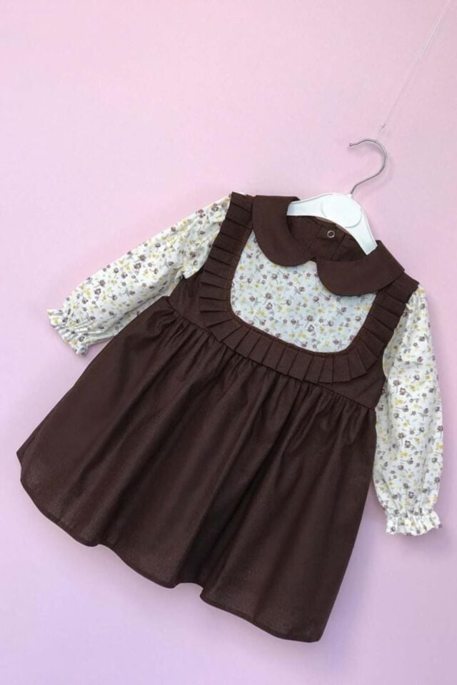 Bebe Yaka Pileli Çiçekli Kahve Kız Çocuk Bebek Elbise