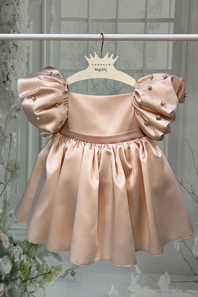 Pearled Girl Baby Evening Dress Salmon Puffy Satin Dress