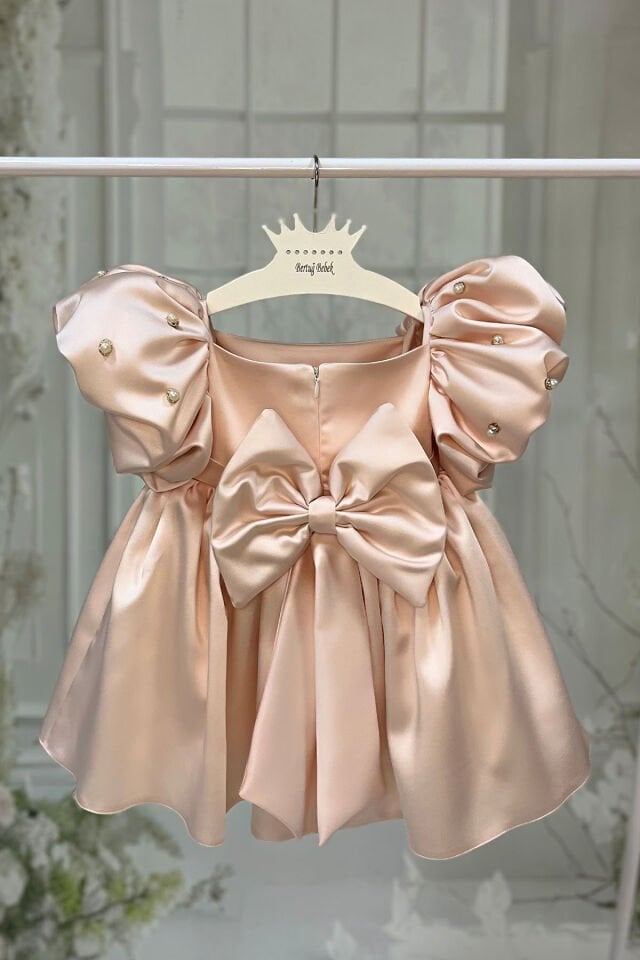 Pearled Girl Baby Evening Dress Salmon Puffy Satin Dress