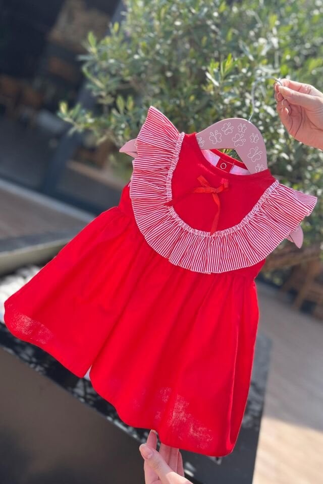 Çizgili Fırfırlı Kız Çocuk Bebek Kırmızı Kolsuz Pamuk Elbise
