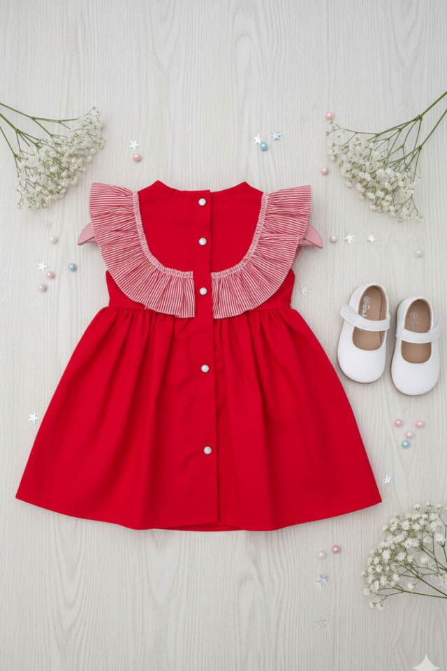 Çizgili Fırfırlı Kız Çocuk Bebek Kırmızı Kolsuz Pamuk Elbise