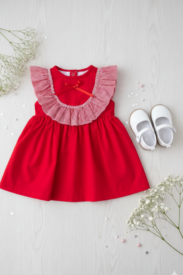 Çizgili Fırfırlı Kız Çocuk Bebek Kırmızı Kolsuz Pamuk Elbise