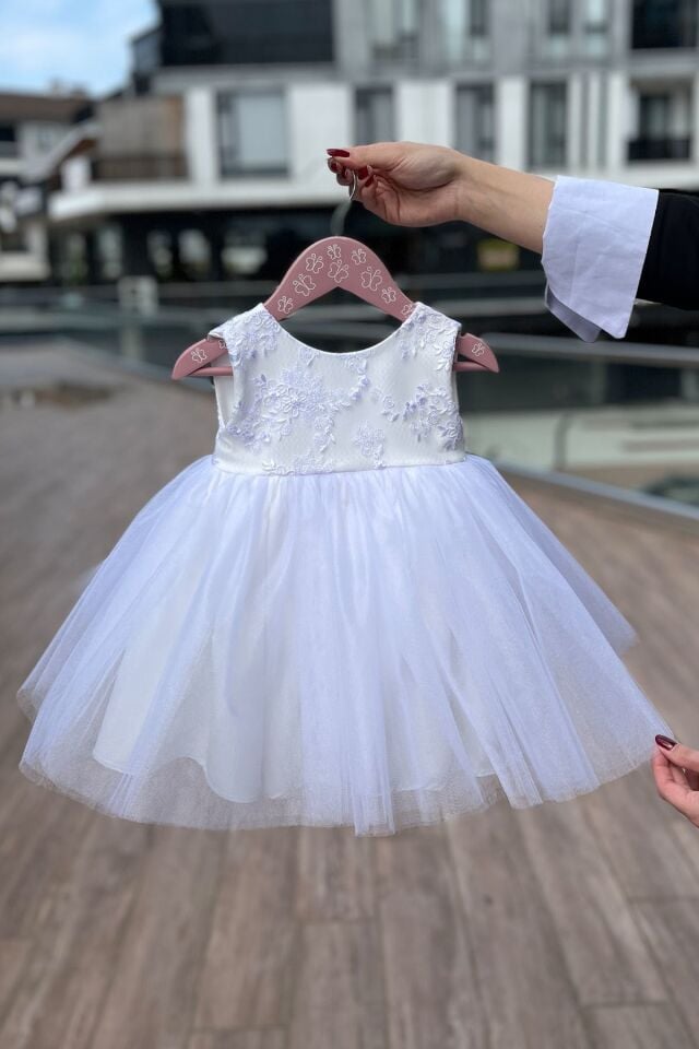 Dantelli Kristal Tül Akasya Beyaz Gelinlik Kız Çocuk Bebek Düğün Mevlüt Elbise