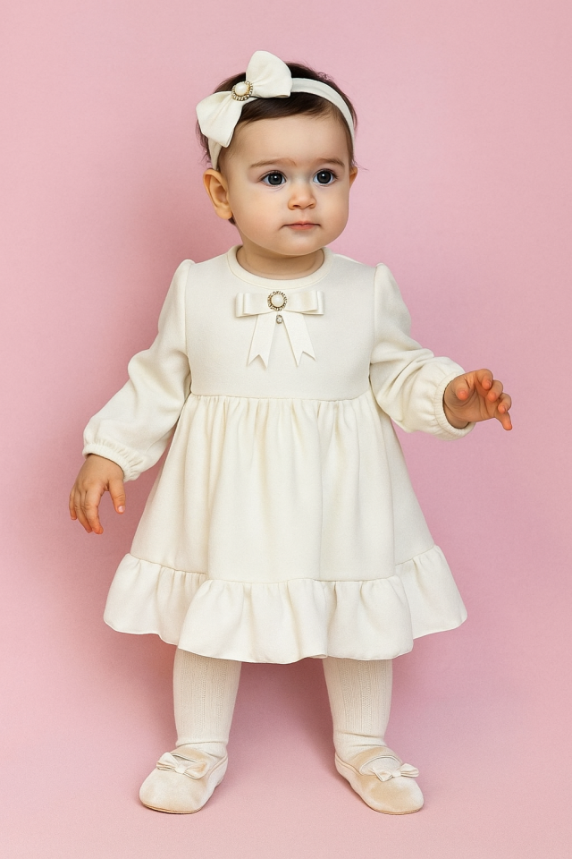 Brosche Detailliertes Spezialdesign Off White Crepe Mädchen Baby Mawlid Geburtstag Hochzeitskleid