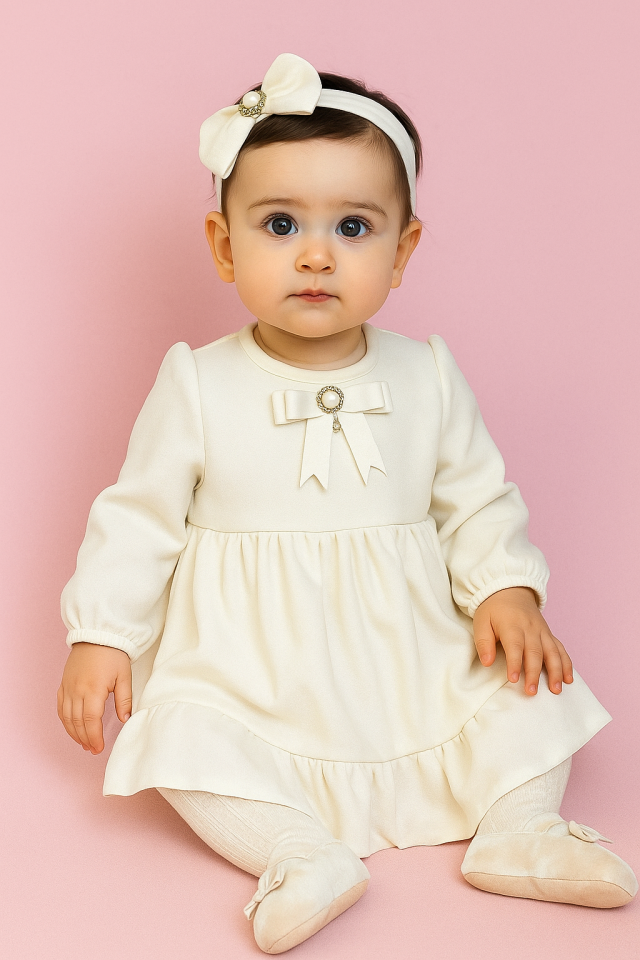 Broş Detaylı Özel Tasarım Kırık Beyaz Krep Kız Çocuk Bebek Mevlüt Doğum Günü Düğün Elbise