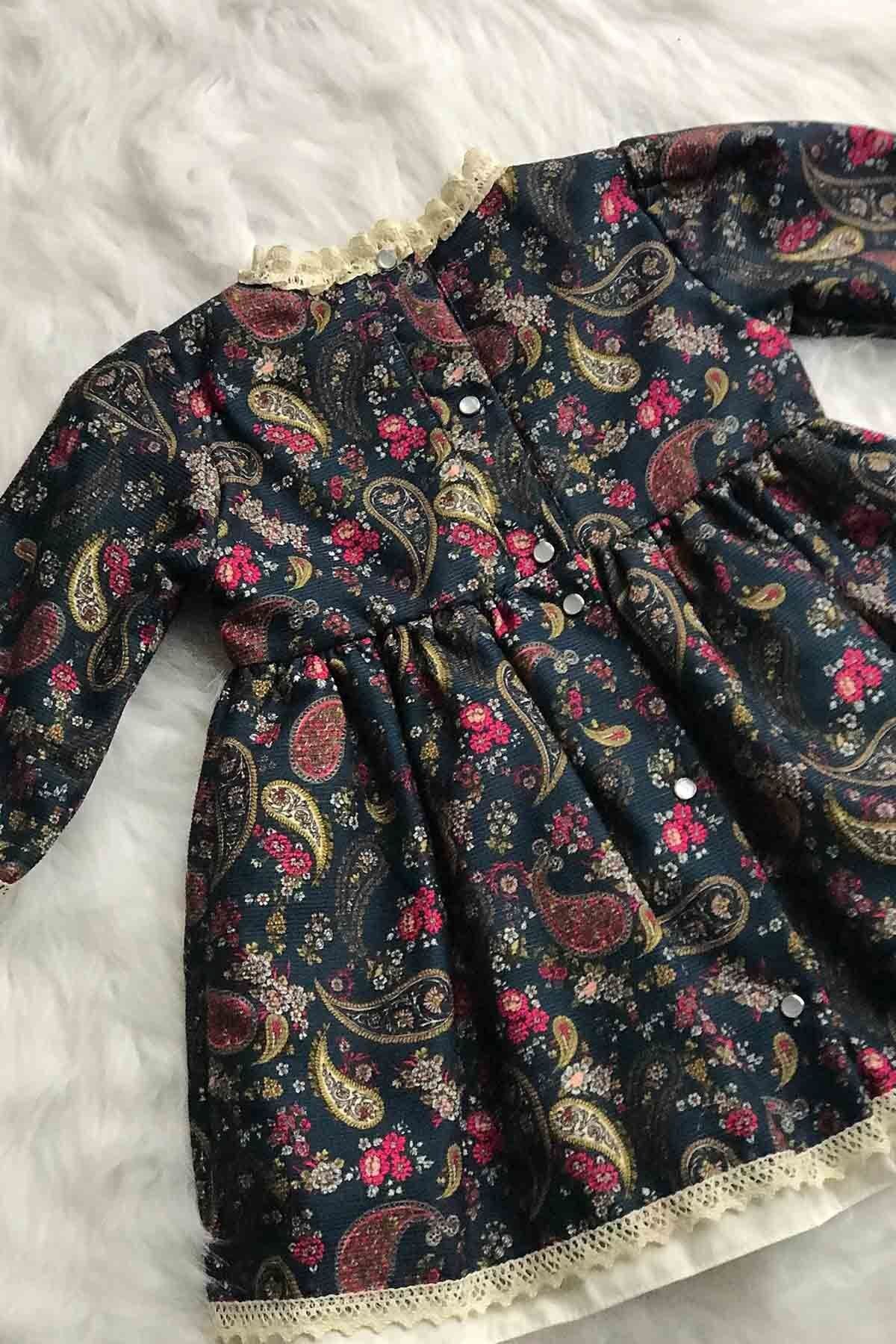 Dantel Detaylı Şal Desenli Koyu Mavi Çok Renkli Kız Çocuk Bebek Tasarım Elbise