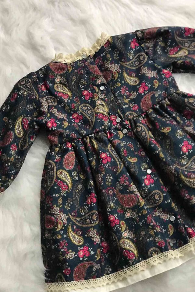 Dantel Detaylı Şal Desenli Koyu Mavi Çok Renkli Kız Çocuk Bebek Tasarım Elbise