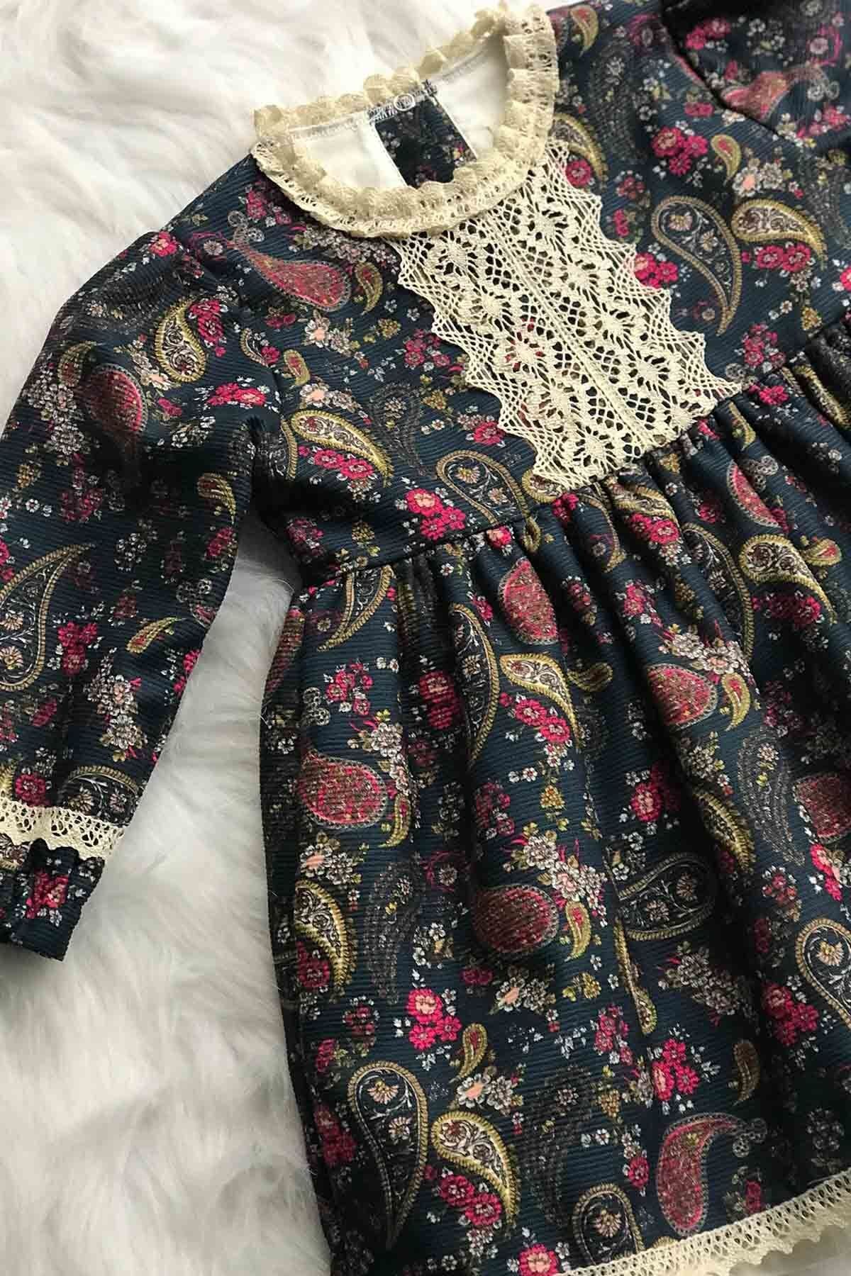 Dantel Detaylı Şal Desenli Koyu Mavi Çok Renkli Kız Çocuk Bebek Tasarım Elbise