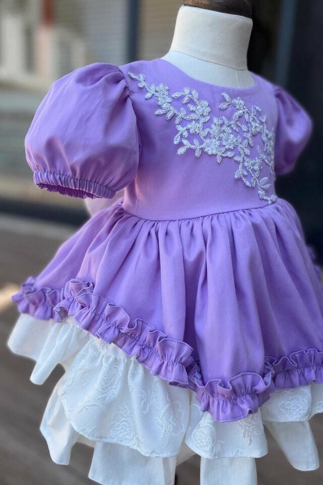 Güpür ve Fırfır Detaylı Lila Pamuk Saten Kız Çocuk Bebek Abiye Elbise