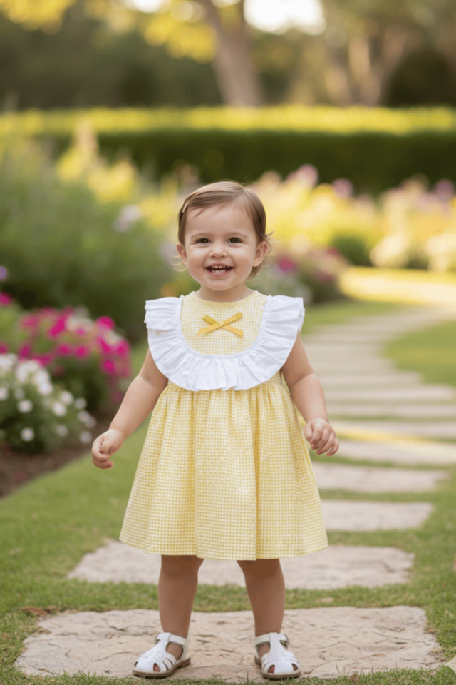 Fırfırlı Pötikare Sarı Kız Çocuk Bebek Kolsuz Elbise