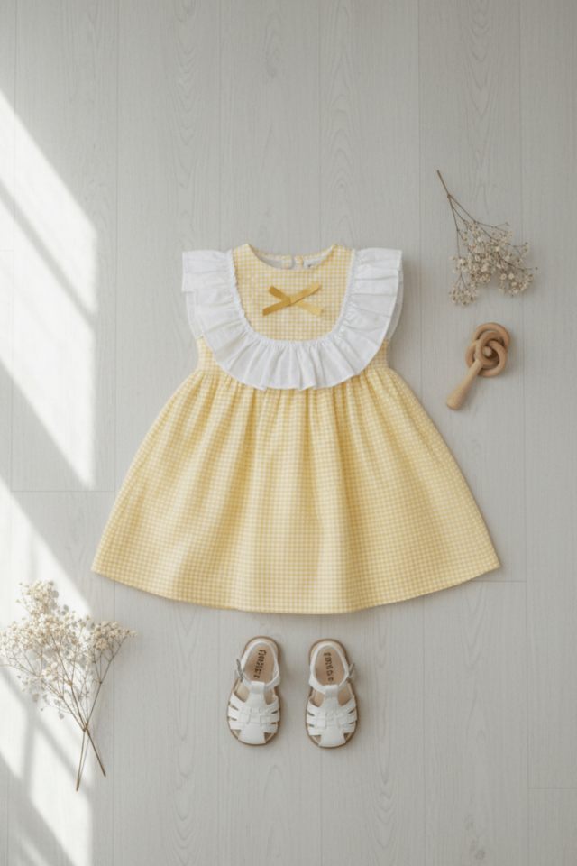 Fırfırlı Pötikare Sarı Kız Çocuk Bebek Kolsuz Elbise