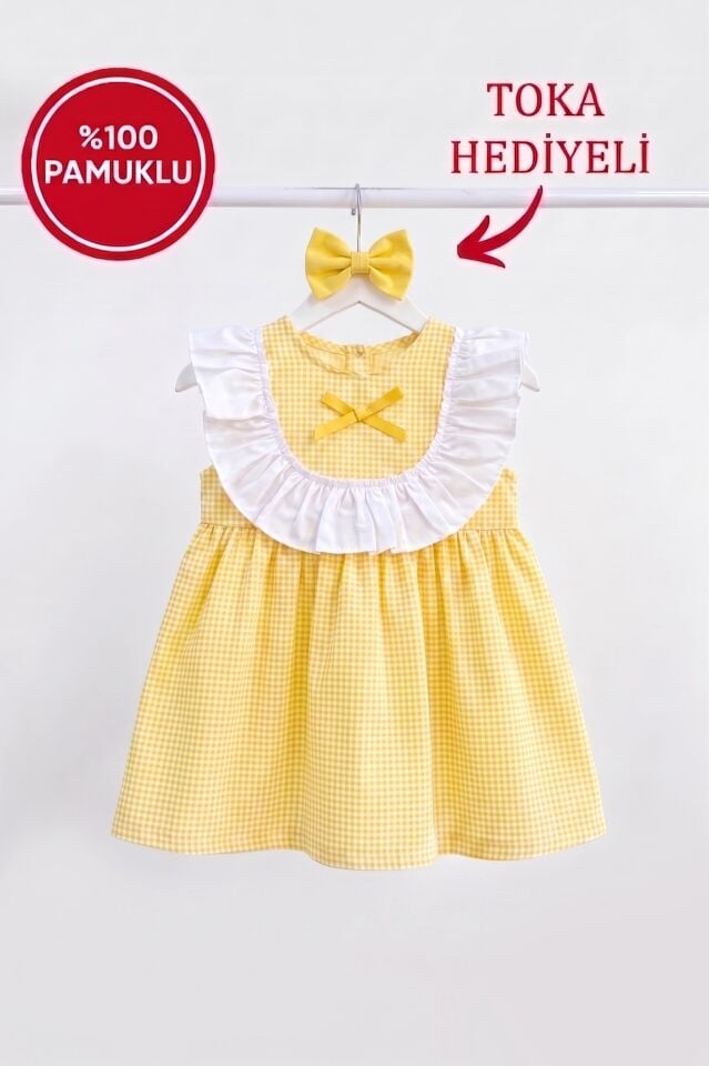 Fırfır ve Kurdele Süslemeli Pötikare Sarı Kız Çocuk Bebek Elbise