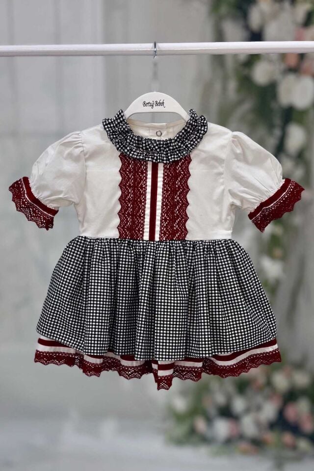 Dantelli Kız Çocuk Bebek Pötikare Renkli Pamuk Elbise
