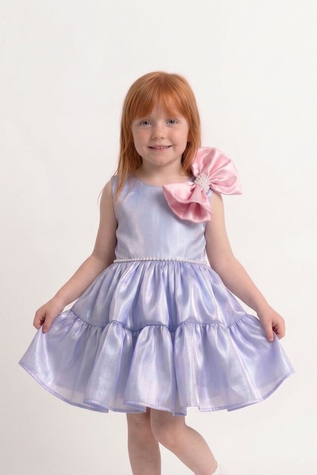 Pembe Fiyonklu Organze Mavi Sıfır Kol Kız Çocuk Bebek Abiye Elbise