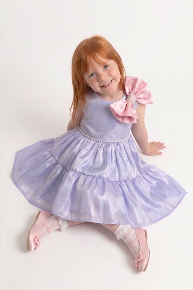 Pembe Fiyonklu Organze Mavi Sıfır Kol Kız Çocuk Bebek Abiye Elbise