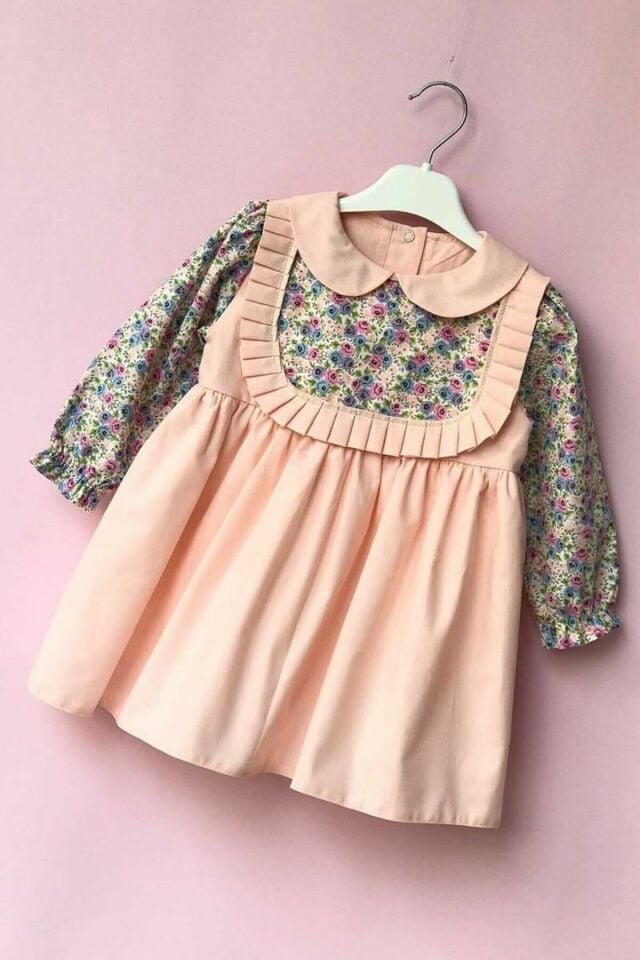 Bebe Yaka Pileli Çiçekli Pembe Kız Çocuk Bebek  Pamuklu Elbise