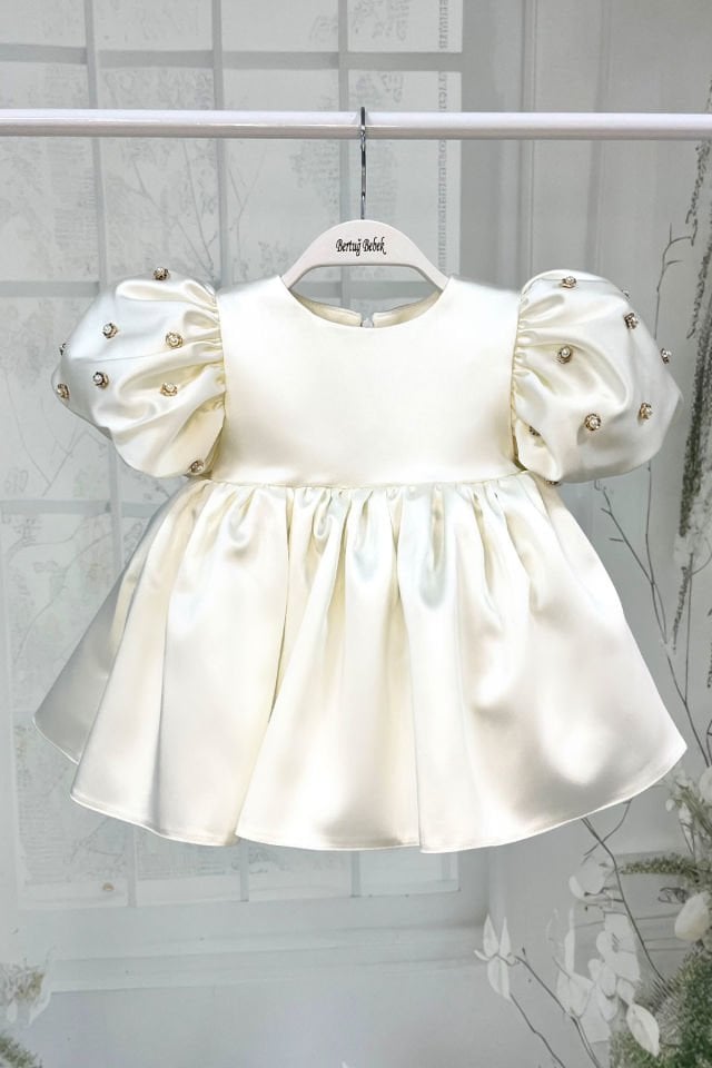 Pearl Balloon Sleeve Ecru Girl Baby Satin Evening Dress