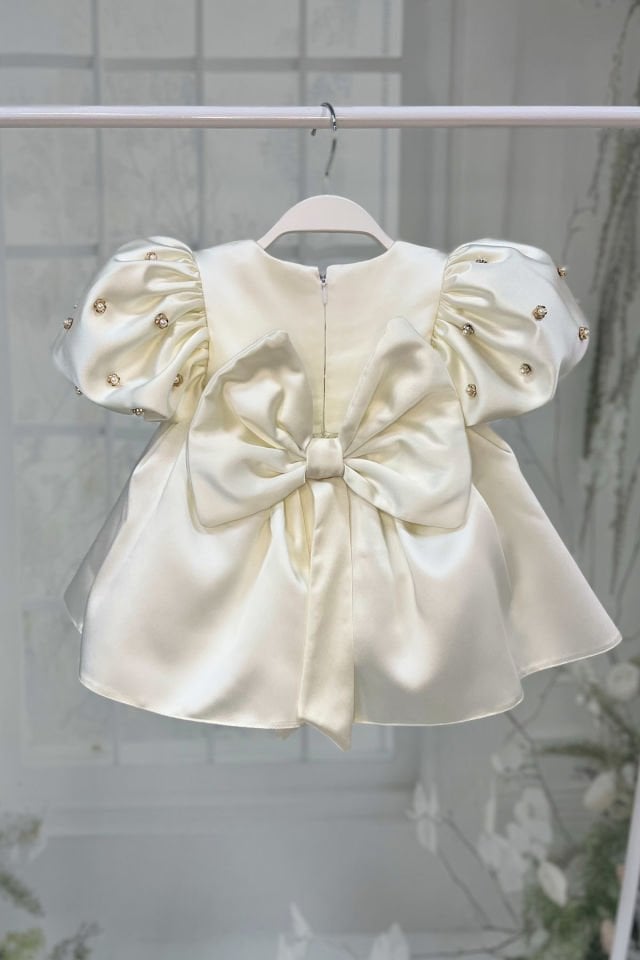 Pearl Balloon Sleeve Ecru Girl Baby Satin Evening Dress