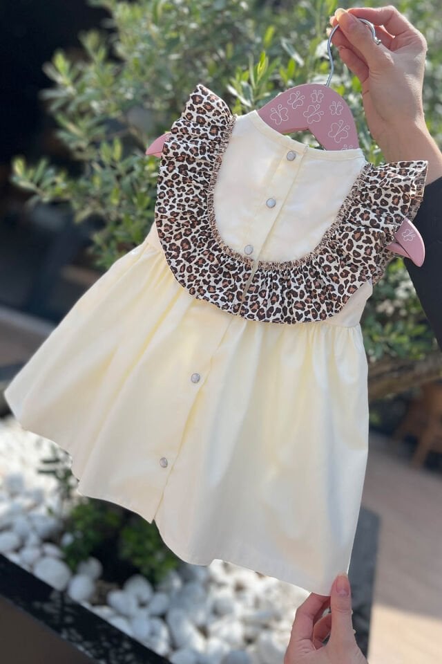 Leopar Fırfırlı Kız Çocuk Bebek Ekru Pamuk Elbise