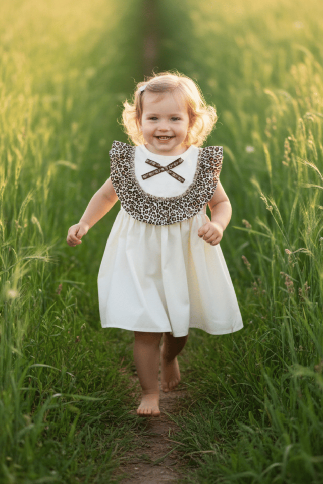 Leopar Fırfırlı Kız Çocuk Bebek Ekru Kolsuz Pamuk Elbise