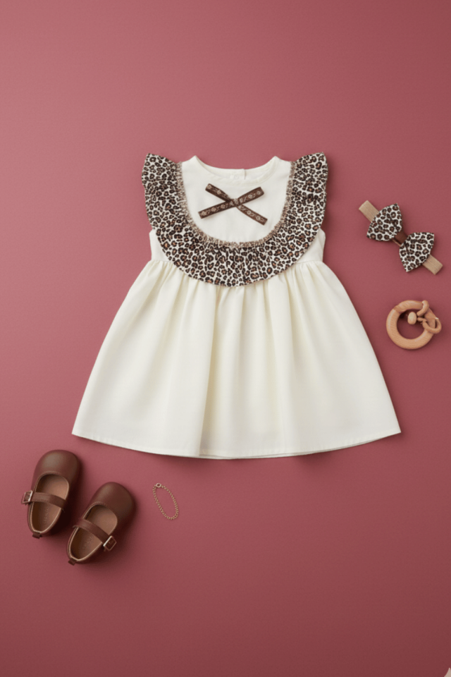 Leopar Fırfırlı Kız Çocuk Bebek Ekru Kolsuz Pamuk Elbise