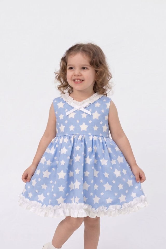 Mavi Yıldızlı Sıfır Kol Şık Kız Çocuk Bebek Elbise