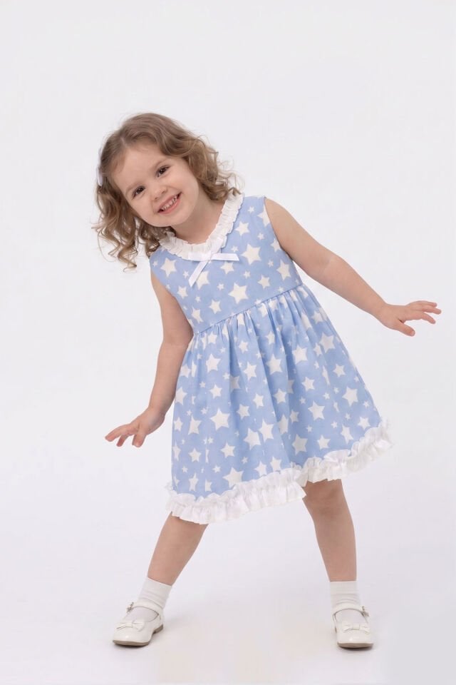 Mavi Yıldızlı Sıfır Kol Şık Kız Çocuk Bebek Elbise