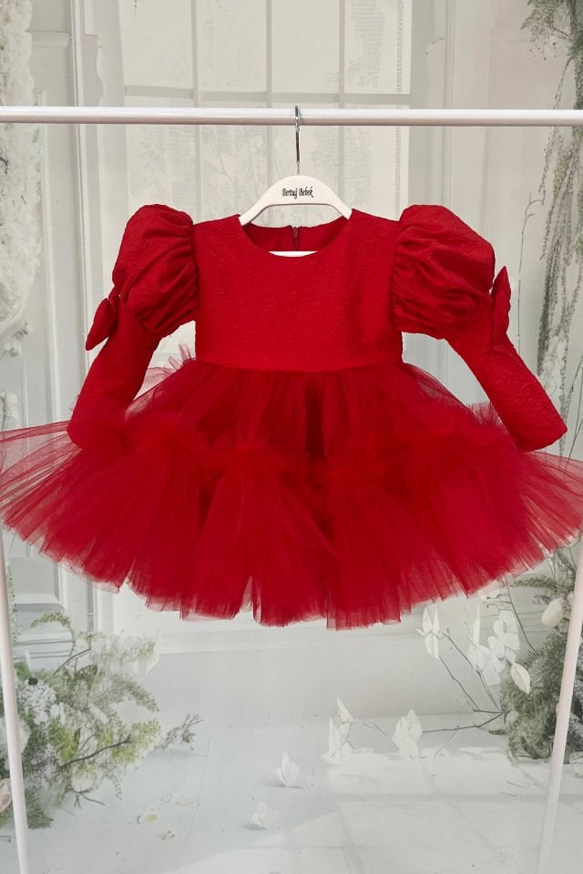 Brocade and Tulle Red Evening Girl Puffy Dress
