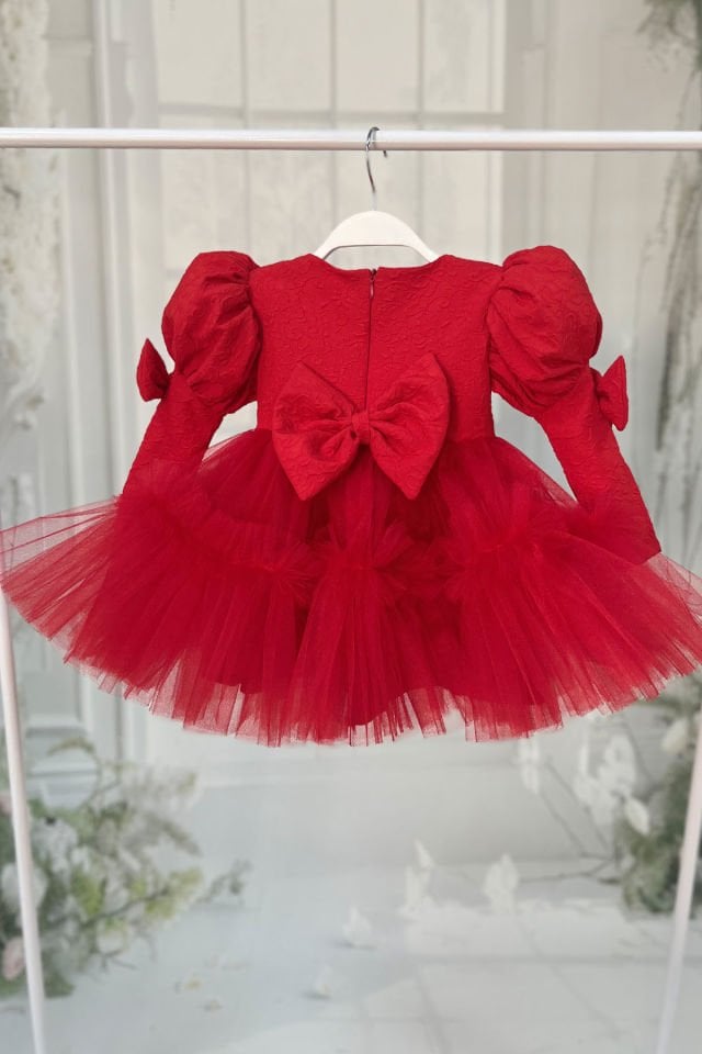 Brocade and Tulle Red Evening Girl Puffy Dress