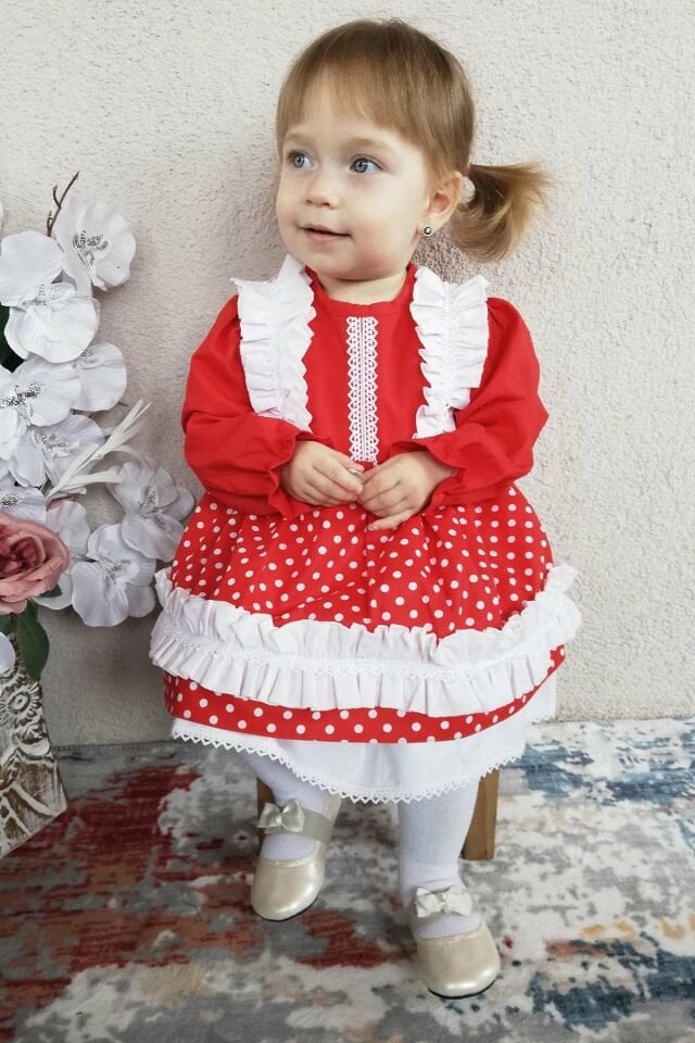 Dantel Ve Fırfır Detaylı Puantiyeli Kırmızı Beyaz Kız Çocuk Bebek Elbise
