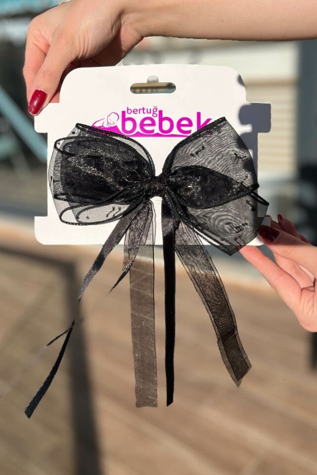 Black Note Patterned Tulle Bow Girl Child Women Crocodile Buckle